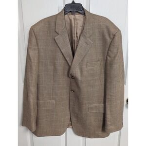 IZOD 3Button Blazer Men's 46R Tan Sport Coat Jacket Blazer Light Plaid Silk/Wool